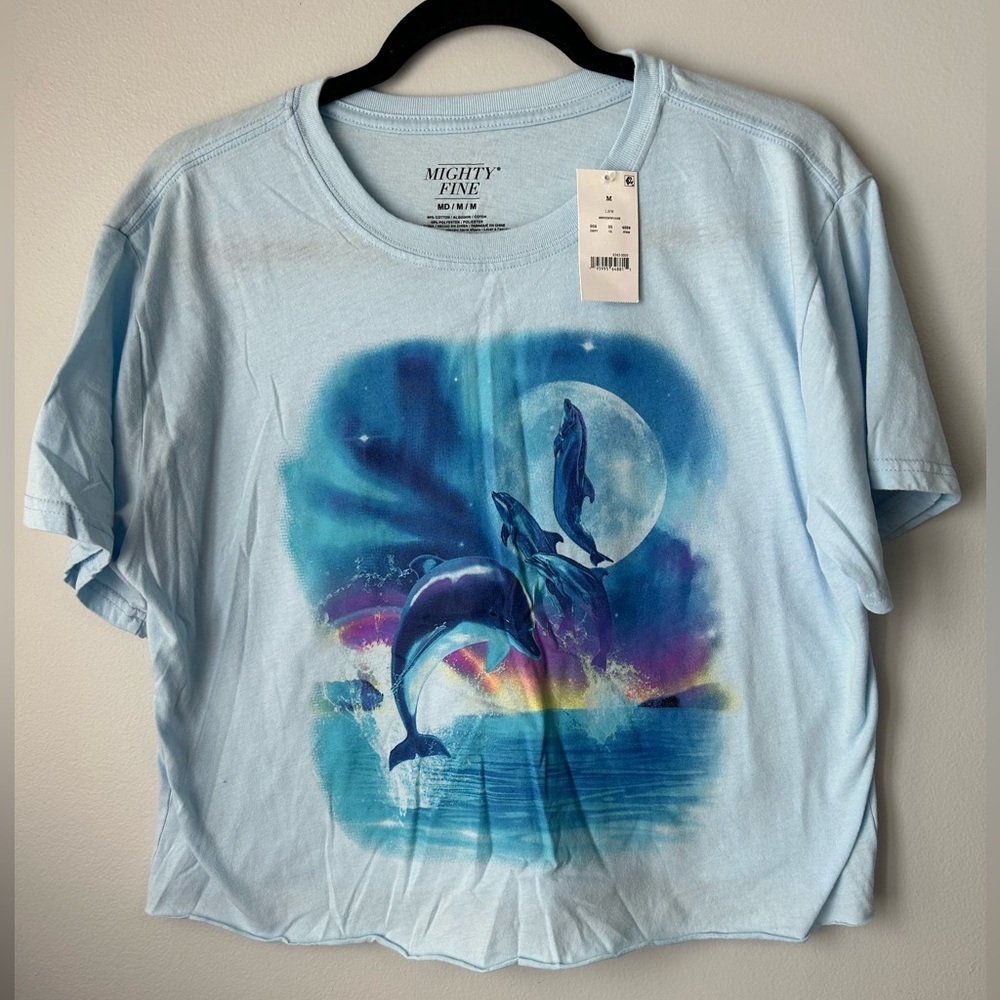 NWT Mighty Fine Blue Dolphin Graphic Overaized Boxy Crop Top size medium - Picture 2 of 4